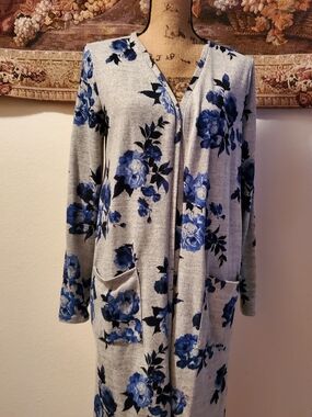 Absolutely Famous Gray Cardigan with Blue Floral Print